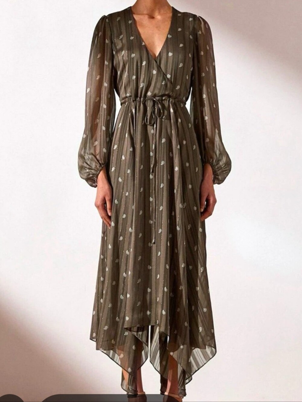 Shona Joy Olive Sheer Long Sleeve Midi Dress with Subtle Paisley Print